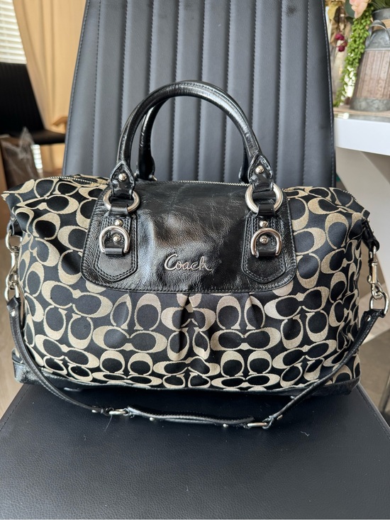 Coach Handbags - Coach Ashley Signature Sateen Large Satchel with Black Leather Trim